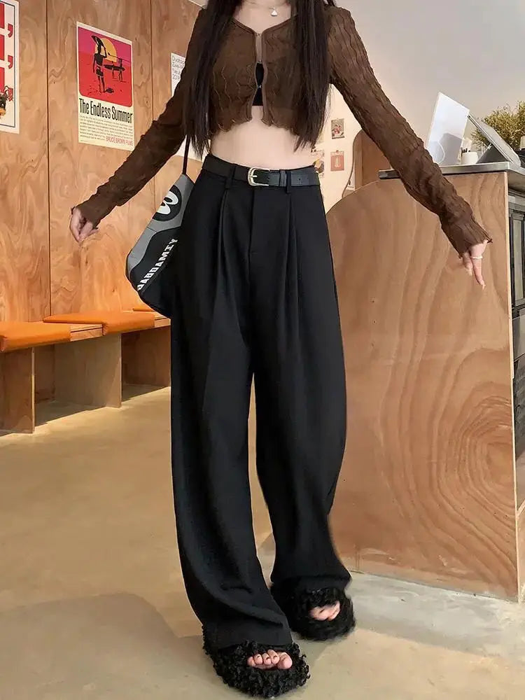 QWEEK Elegant Baggy Gray Suits Pants Woman Oversized Office Ladies Casual Korean Fashion Classical Trousers High Waist Summer - reetell