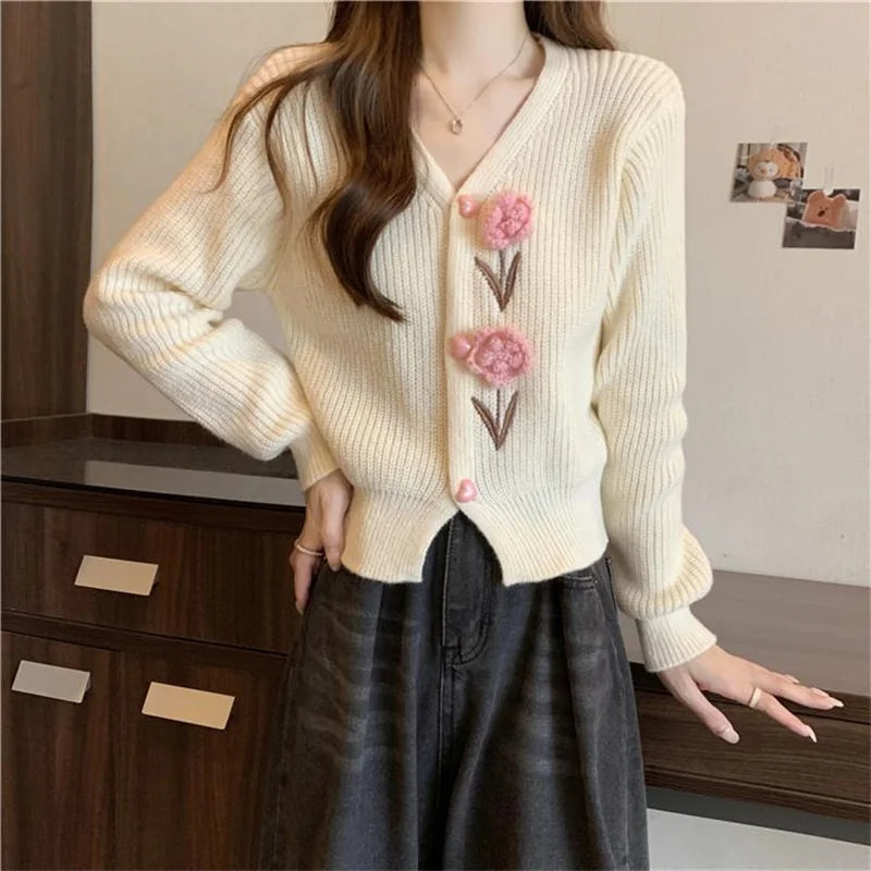 Heavy Industry Beautiful Flowers Knitted Cardigan Sweater Women Slim In Autumn And Winter With Small Cardigan V-neck Short Coat - reetell