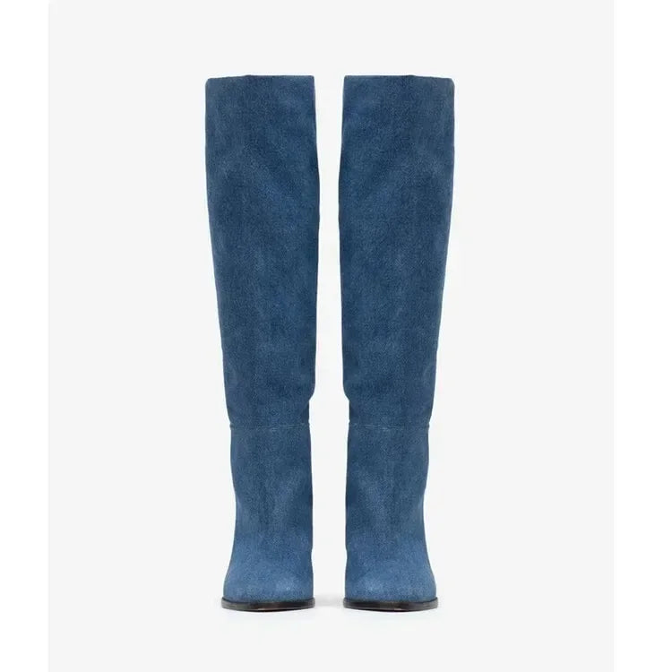 European and American Fashion Denim Pointed Toe Tapered Heel and Sleeve Versatile Knee High Boots, Women's Suede Walking Boots