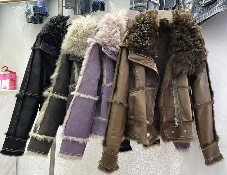 2024 Winter Short Style Fur Women Sheepskin Jacket Tanned Suede Luxury With 100%Natural Rabbit Lining Luxury Fashion Fur Coat - reetell