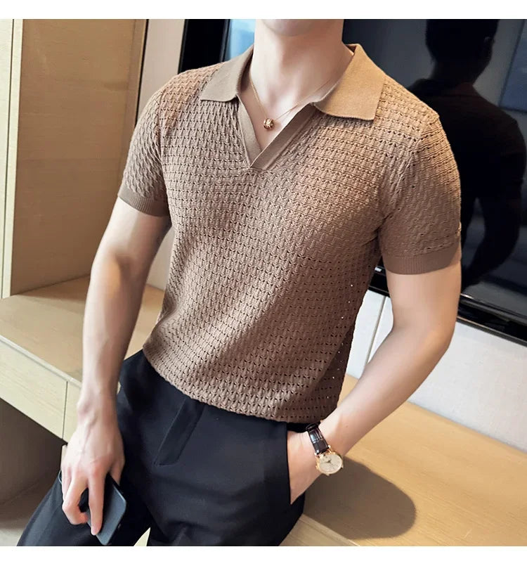 Men's Polo Shirt 2024 Summer New Light and Thin Knitted Hollow Solid Color Casual Short Sleeved V-neck T-shirt Men's Clothing