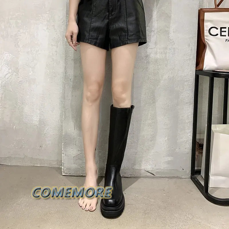 Fashion Woman's Platform Zipper Spring Autumn PU Leather Non-slip Knee High Luxury Designer Casual Women Chunky Long Black Boots