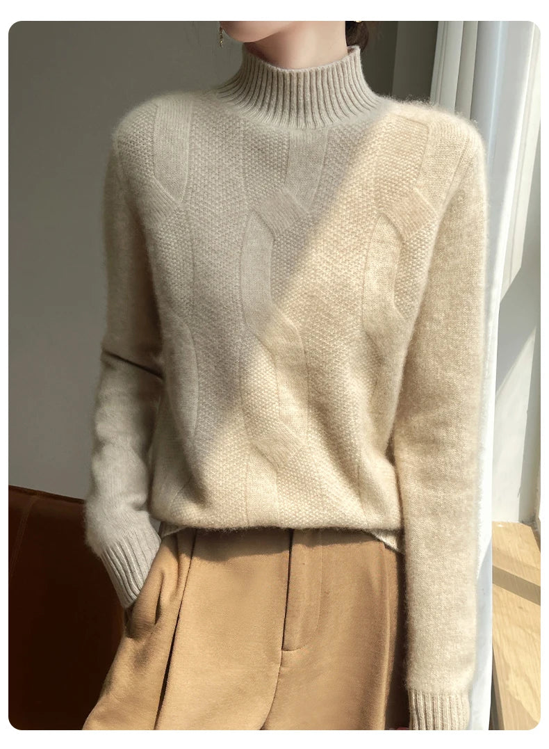 100% Merino Wool Half Turtleneck Pullover Women's Autumn and Winter Thick Twist Flower Sweater Korean Fashion Women's Wear - reetell