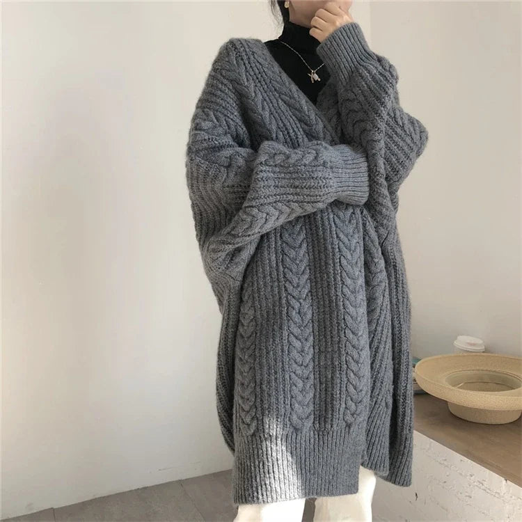 Women Cardigan Jacket Long Coat Solid Thicken Sweater Autumn Winter Street Wear Loose Warm Overcoat Female Topcoat Fashion Retro - reetell