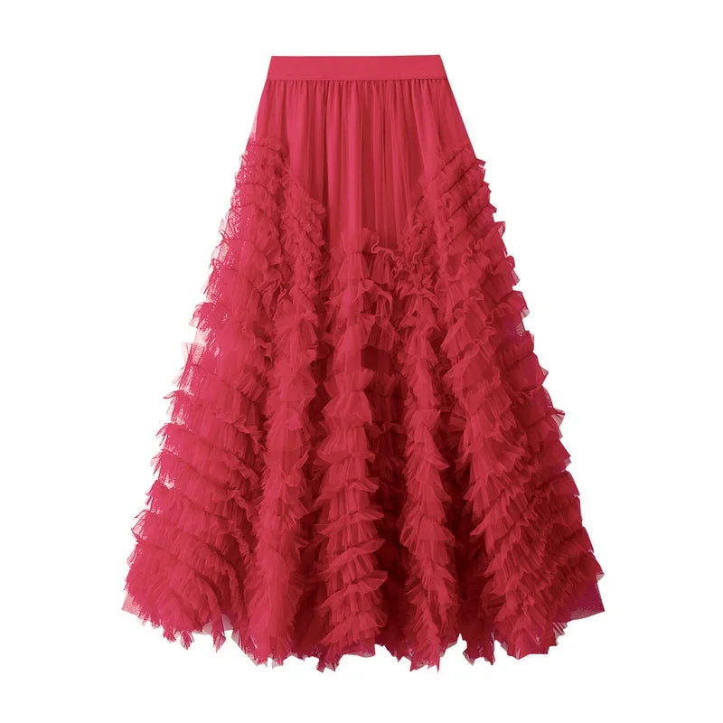 Fashionable Tiered Tulle Maxi Skirt for Women 2024 New Elegant High Street A Line High Waist Mesh Long Skirt Female Pink - reetell