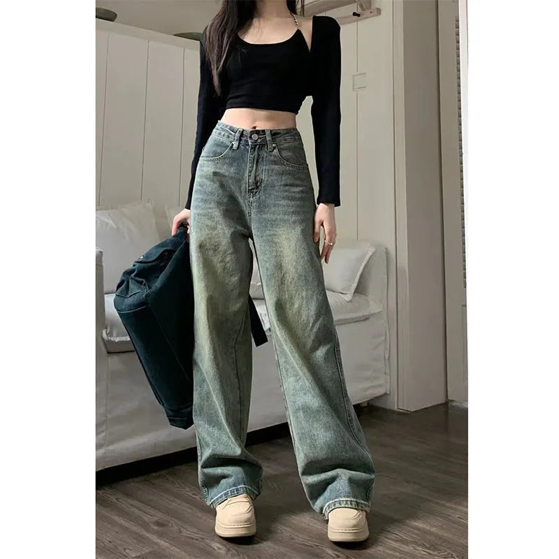 Vintage 90S Baggy Straight Denim Trousers Female Y2K High Waist Loose Wide Leg Jeans Women Streetwear All-Match Casual Pants New - reetell