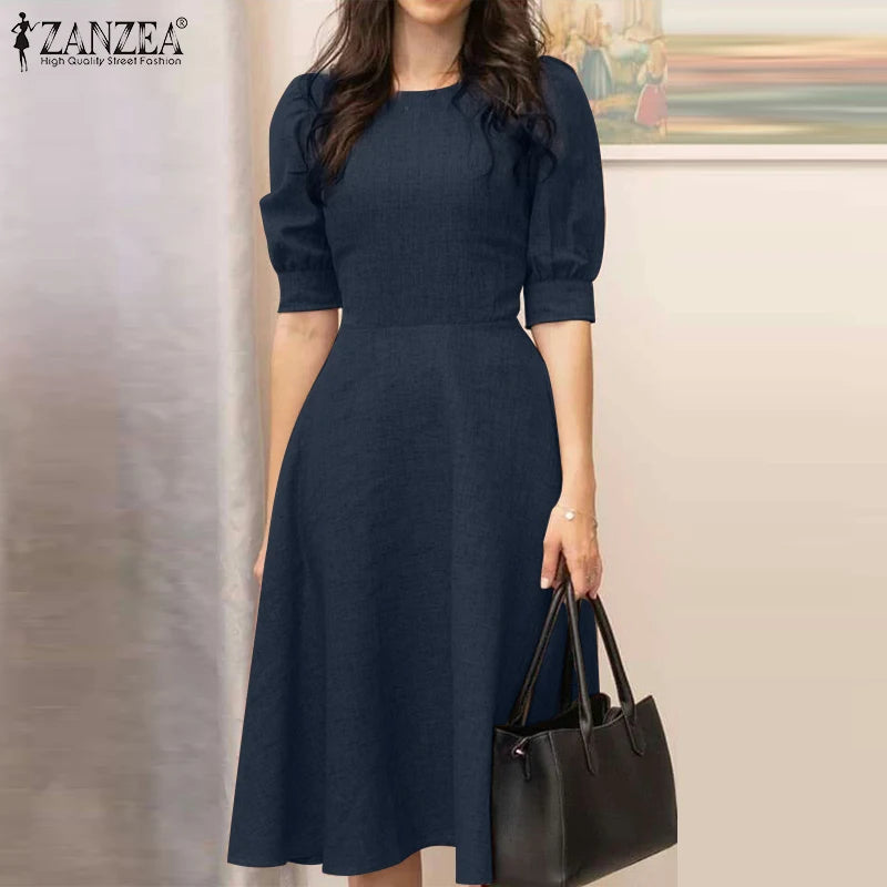 ZANZEA Elegant Women Office Work Dress Summer Half Sleeve Sundress Stylish Slim A-line Vestidos Solid Knee-length Robe Femme - reetell