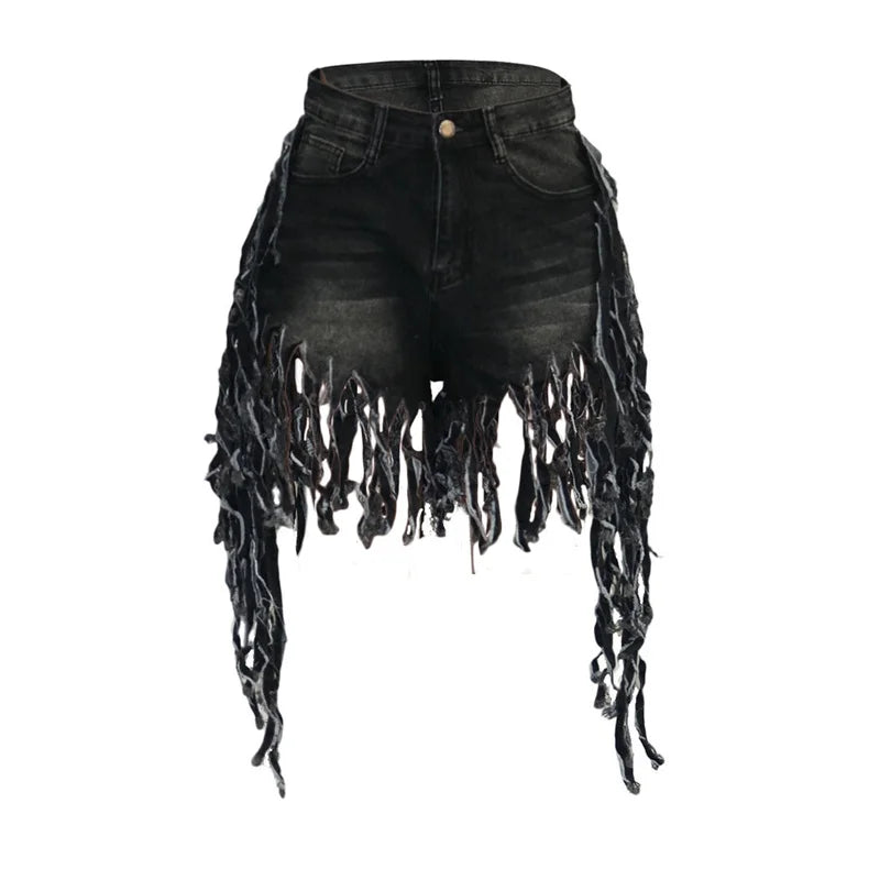 Fashion Tassel Splice Trouser Legs Denim Shorts Women High Waist Button Mini Jeans Female Casual Three Quarter Pants Streetwear - reetell