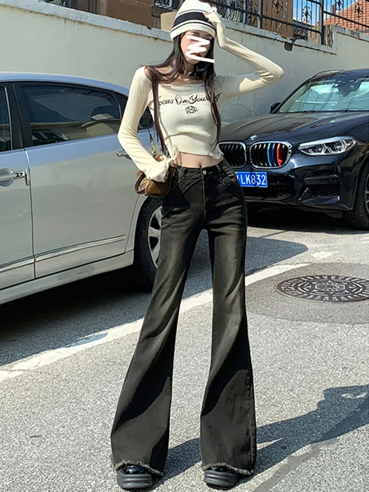 American Retro Bell Bottoms Low Waist Slim Women Fashion Black E-Girl Denim Pant Hiphop High Street Flare Jeans Y2K Streetwear - reetell