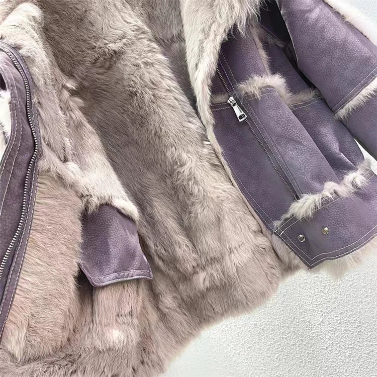 2024 Winter Short Style Fur Women Sheepskin Jacket Tanned Suede Luxury With 100%Natural Rabbit Lining Luxury Fashion Fur Coat - reetell