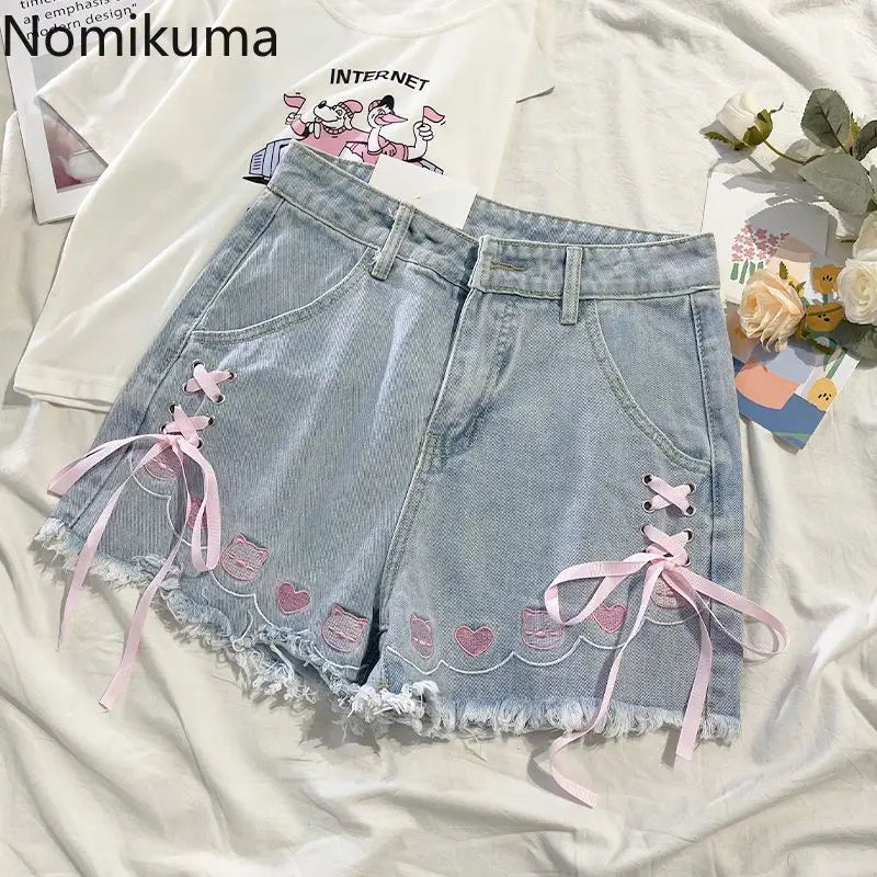 Japanese Denim Shorts Women 2024 New Bottoms Hig Waist Embroidery Bandage Pants Tunic Cute Shorts Pantalones Cortos De Mujer - reetell