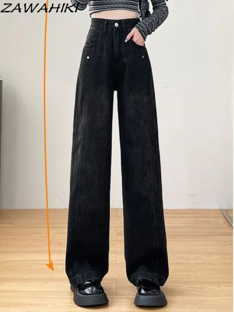 Spring Autumn Black Straight Solid Color Casual Loose Baggy Jeans Women High Waist Wide Leg Y2K Aesthetic Denim Pants Streetwear - reetell