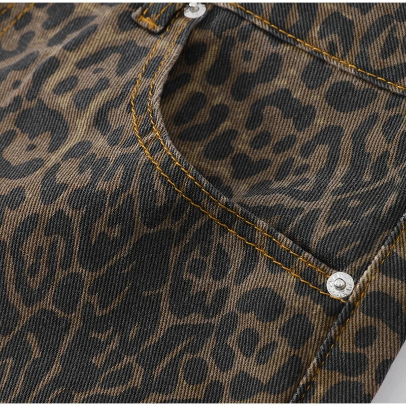 HOUZHOU Tan Leopard Jeans Women Denim Pants Female Oversize Wide Leg Trousers Streetwear Hip Hop Vintage Clothes Loose Casual - reetell