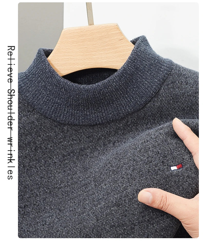 New Brand Men's Knitted Sweater Winter Mock Neck Warm Casual Solid Color Embroidered Pullover Korean Fashion Casual Men Clothing - reetell