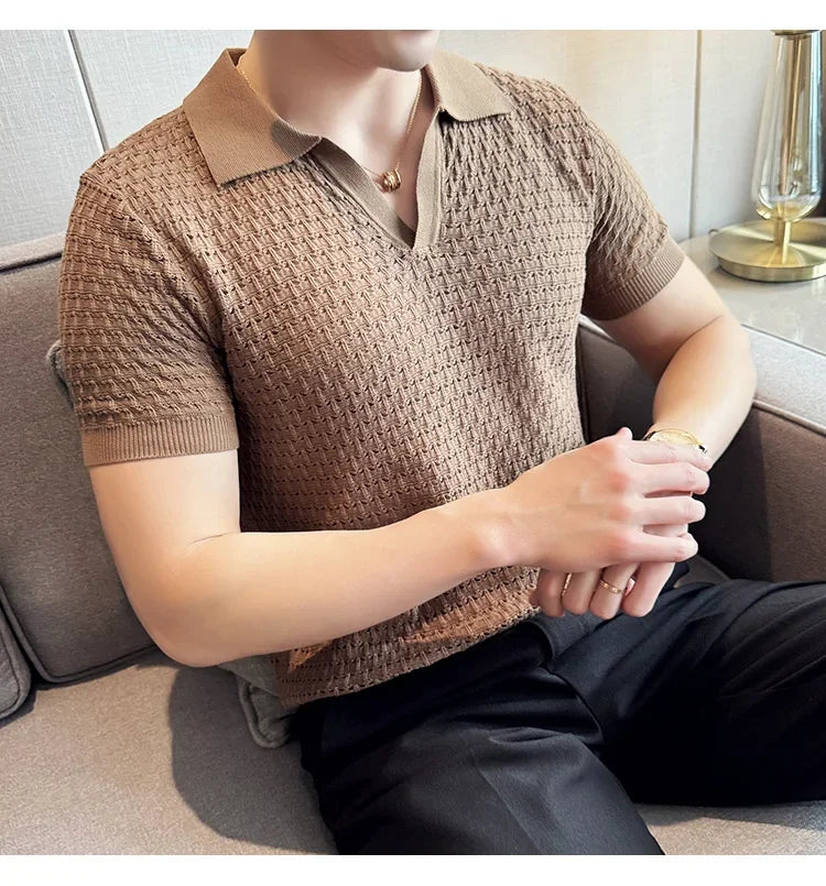 Men's Polo Shirt 2024 Summer New Light and Thin Knitted Hollow Solid Color Casual Short Sleeved V-neck T-shirt Men's Clothing