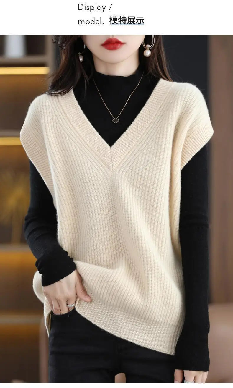 Knitted Jacket Sweater Women's Vest Sleeveless Coat Wool Blended V-Neck Pullover Spring Autumn Fashion Women's Top - reetell