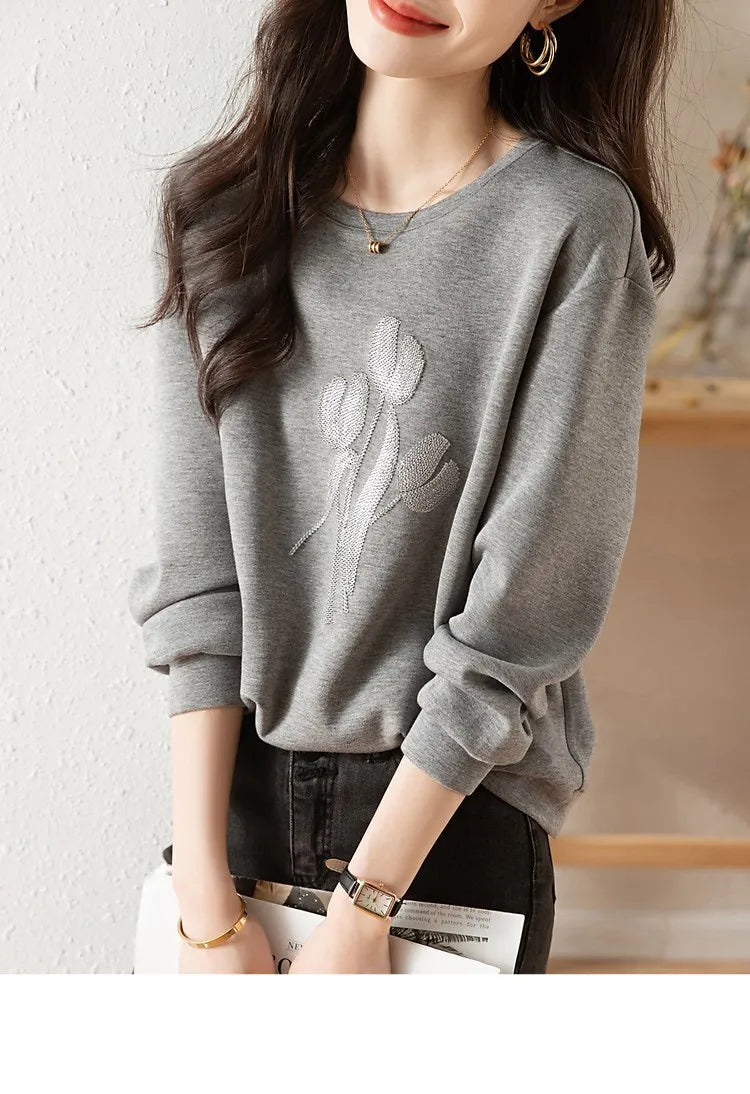 Women's Stereoscopic Flowers Hooded Sweatshirt Casual Round Neck Top Gray Clothes Simple Fashion Autumn - reetell