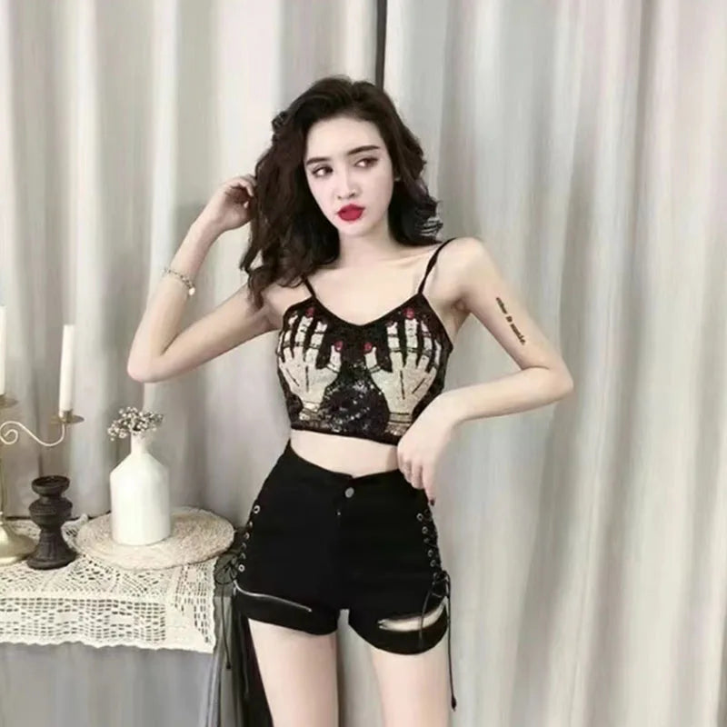 Sexy Skinny Denim Shorts for Women 2023 Summer Korean High Waist Lace-Up Zipper Black Shorts Woman Harajuku Club Wide Leg Pants - reetell