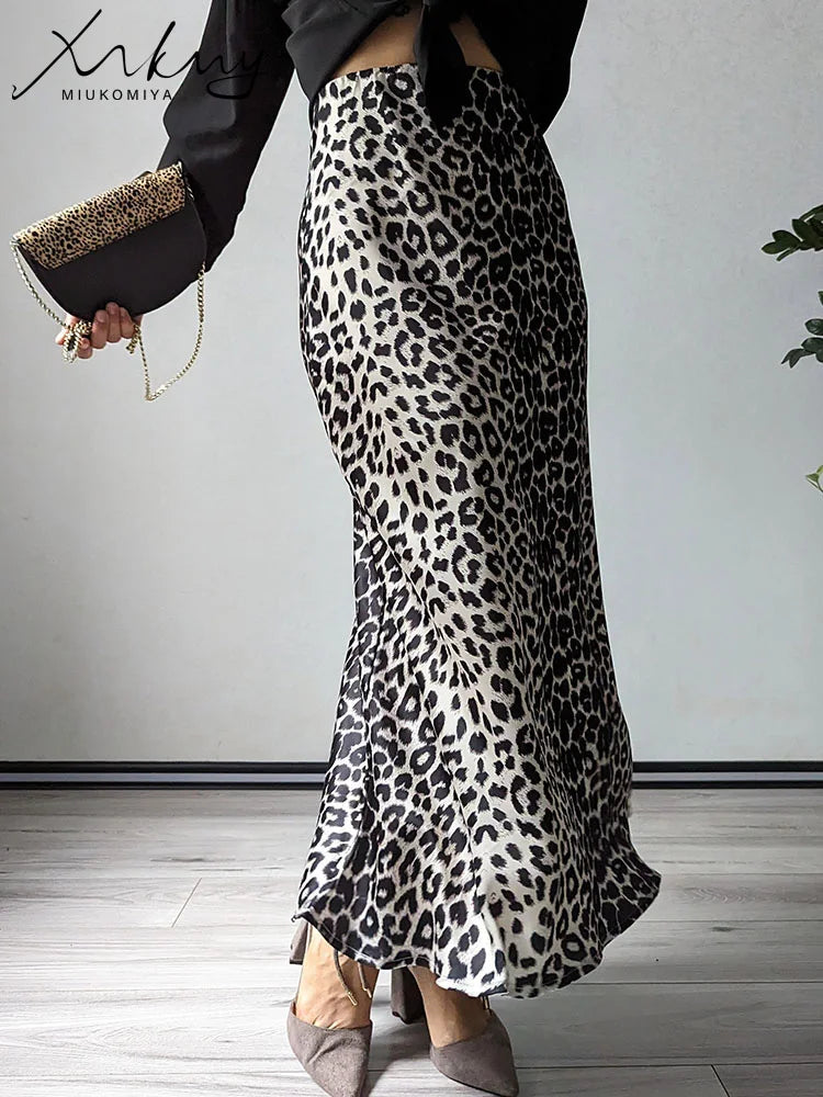 MiuKoMiYa Autumn Satin Leopard Print Maxi Skirt Women High Waist A Line Office Slim Long Leopard Skirt For Women Elegant 2024 - reetell