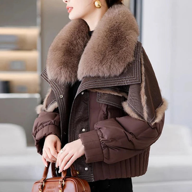 Women's Winter Down Jacket Sheepskin Fabric Fur V-Neck Rabbit Fur Lining Fur Coat Women Warm And Fashionable Jacket - reetell