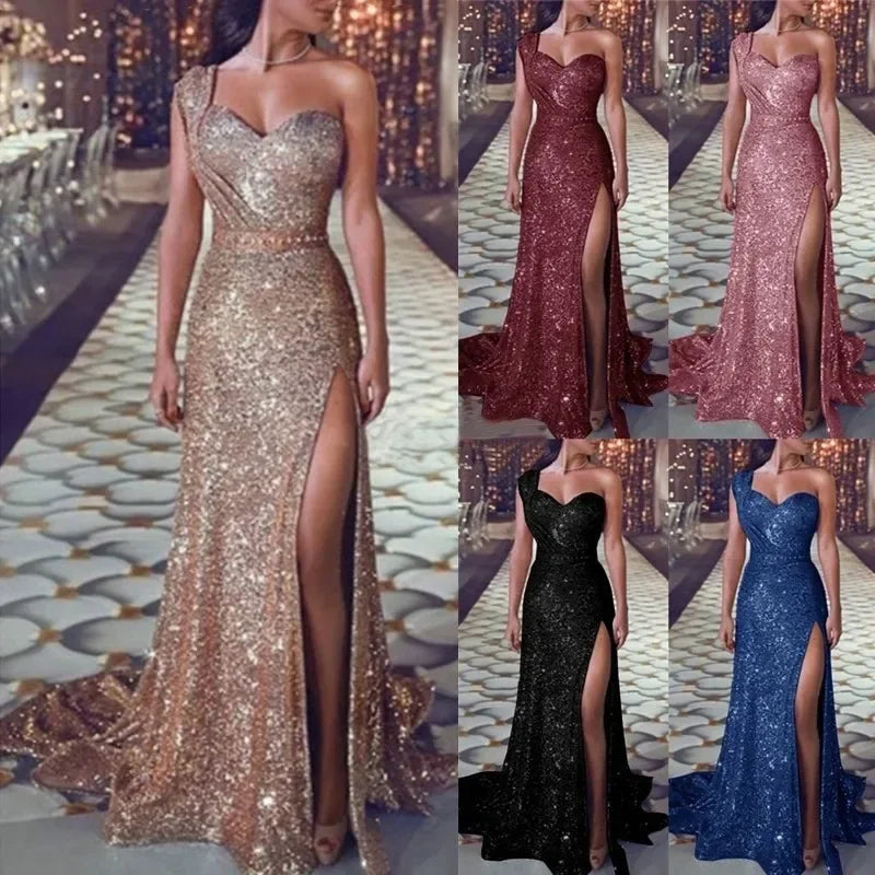 2024 Women's Wedding Party Dress Evening Elegant Sexy Deep V Neck One Shoulder Sleeveless Sequined Long Maxi Dresses For Women - reetell