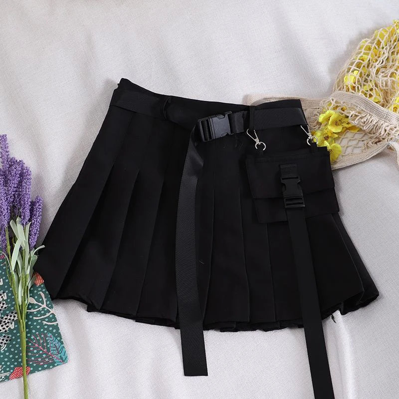 Zoki Harajuku Belt Pleated Cargo Skirt Women Fashion Gothic High Waist Pocket Mini Skirts Fashion Summer Lady A Line Black Skirt - reetell