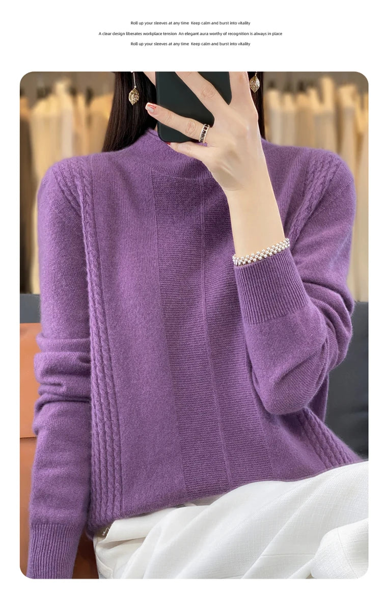 2024 Autumn Winter Women 100% Merino Wool Sweater Striped O-Neck Pullover Knitwear Casual Undershirt Cashmere Clothing Tops - reetell