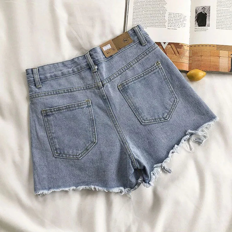 Lucyever Summer Denim Shorts Women Korean Fashion Ripped Holes High Waist Short Jeans Female Casual Street Wide Leg Short Pants - reetell