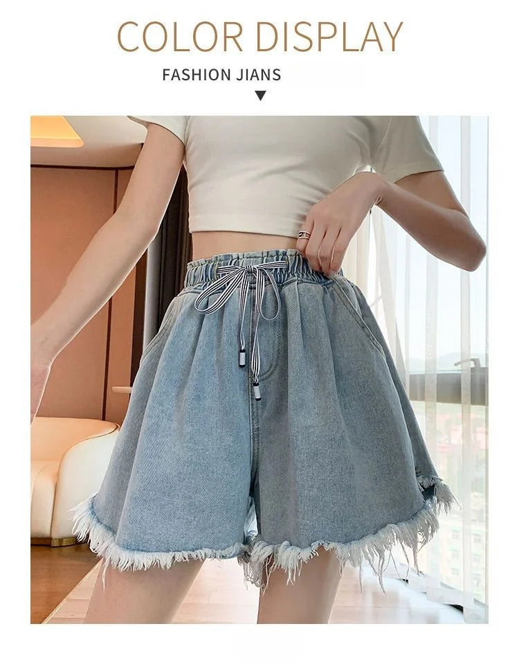 Big Size Denim Shorts Summer Thin Section Wide Leg Wide Loose Tight High Waist Female Students Fattening Women Tassel Wide - reetell