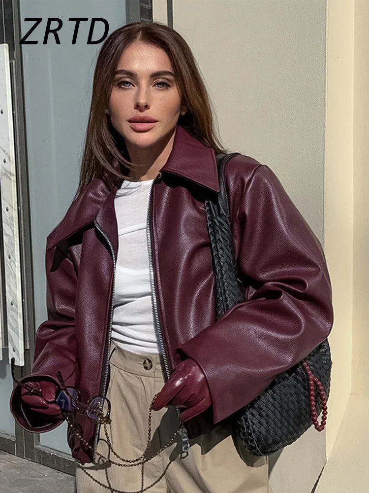 Elegant Burgundy Faux Leather Jackets Women Fashion Lapel Zipper Long Sleeve Female Coats 2024 Autumn Winter Lady Street Outwear