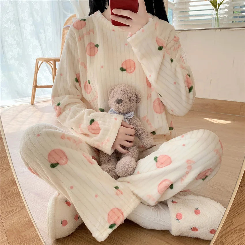 Autumn Women Solid Warm 2 Piece Sets Thicken Velvet Ribbed Fleece Set Pullover And Pants Women Casual Pajama Sets 2024 - reetell