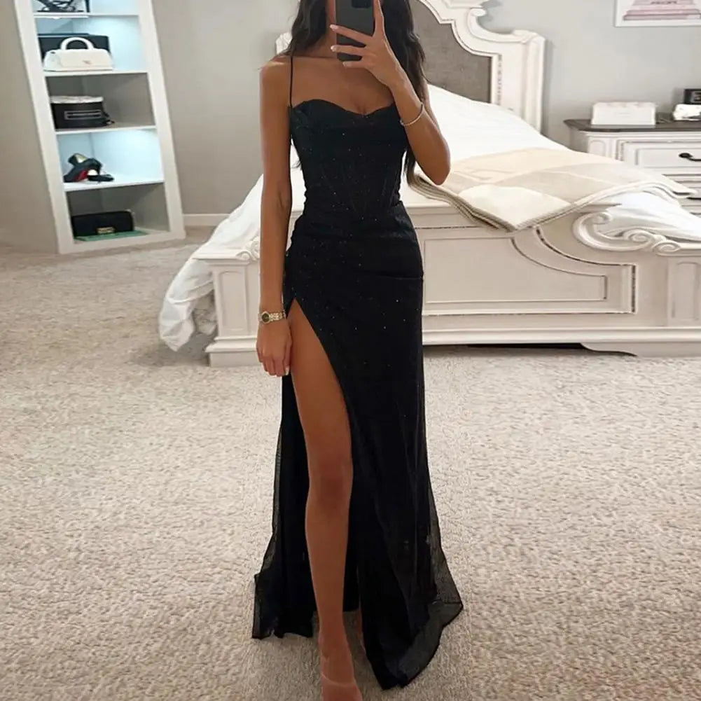 Woman Spring Summer Bodycon Dress Sexy Shiny Sequins Spaghetti Strap Split High Waist Dress Lady Prom Dress Evening Dresses - reetell