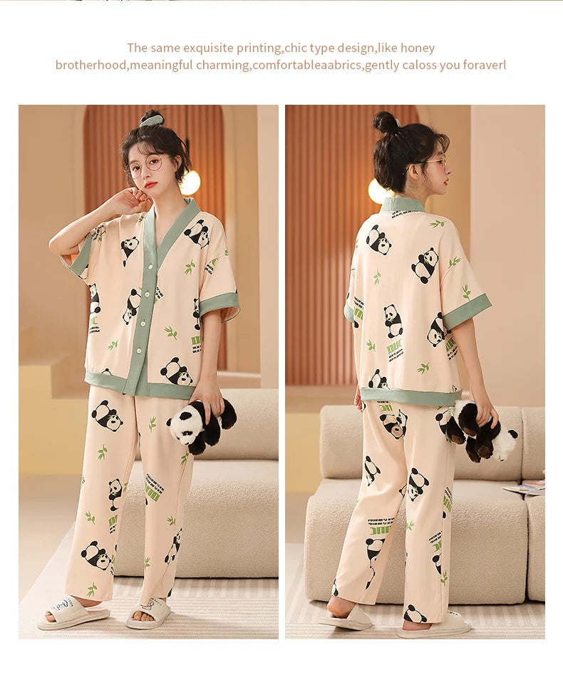 Women Clothing M-5XL Summer Cotton Panda Pajama Casual Short Sleeve Kimono Cardigan Sleepwear Cartoon Nightwear Woman Loungewear