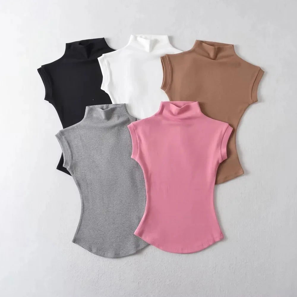 Women Summer Sexy Turtleneck Sleeveless T-Shirts Tops Solid Slim Fit Pullovers Causal Tees Shirts Female Streetwear Basics Tees - reetell