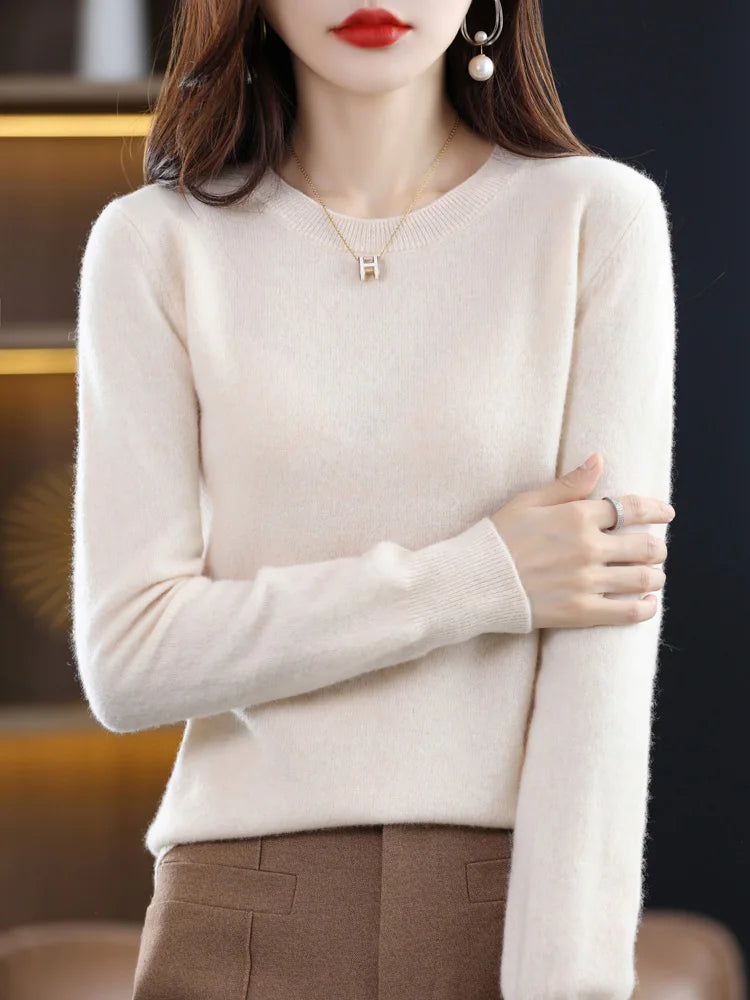 100% Merino Wool Sweater Women  Cashmere Pullover Knitwear Autumn Winter O-neck Solid Color Fashion Basic Female Clothes Tops - reetell