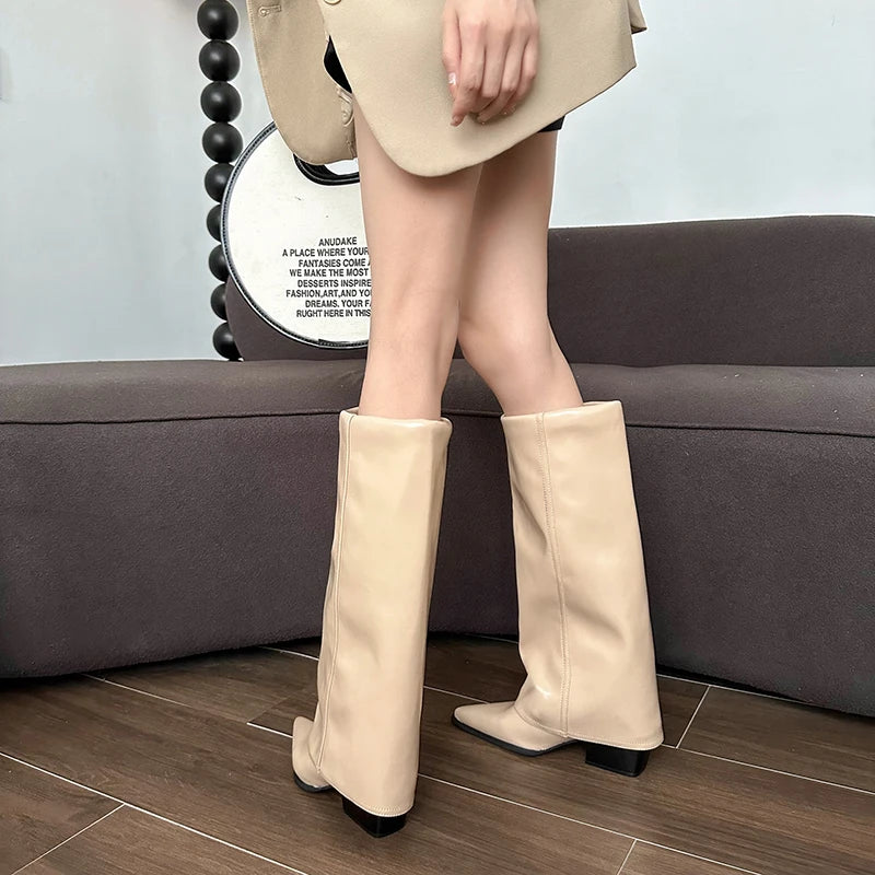 Knee High Heels Women Boots Leather Chunky Fashion Shoes Pointed Toe Snow Long Boots New Designer Pumps Punk Chelsea Botas Mujer