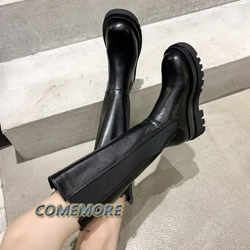 Fashion Woman's Platform Zipper Spring Autumn PU Leather Non-slip Knee High Luxury Designer Casual Women Chunky Long Black Boots