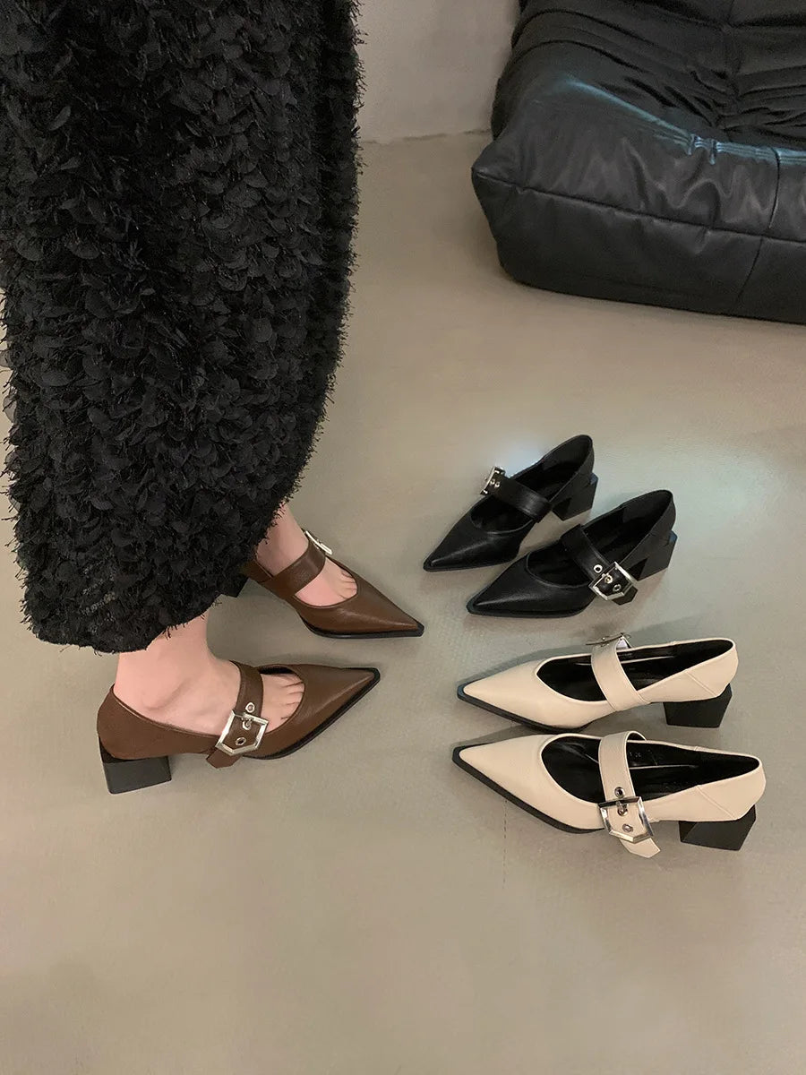 Retro Pointed Mary Jane Small Leather Shoes for Women 2024 Autumn and Winter New Korean Version of Chunky Heel Loafers