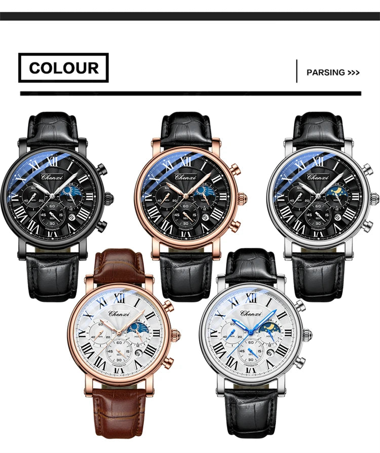 CHENXI 973 Multi-function Business Moon Phase Date Waterproof Rome Analog Imported Men Wristwatch Dial Quartz Leather Watches