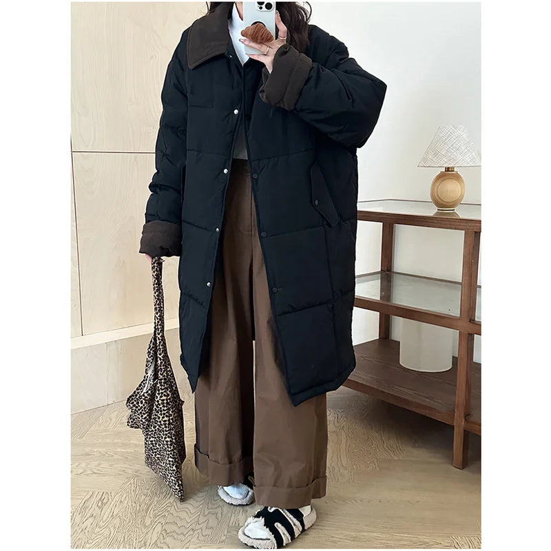 Winter Women's Down Puffer Jackets Baggy Thickening Warm Corduroy Collar Clothing Boutique Clothes Cotton Medium and Long Coats