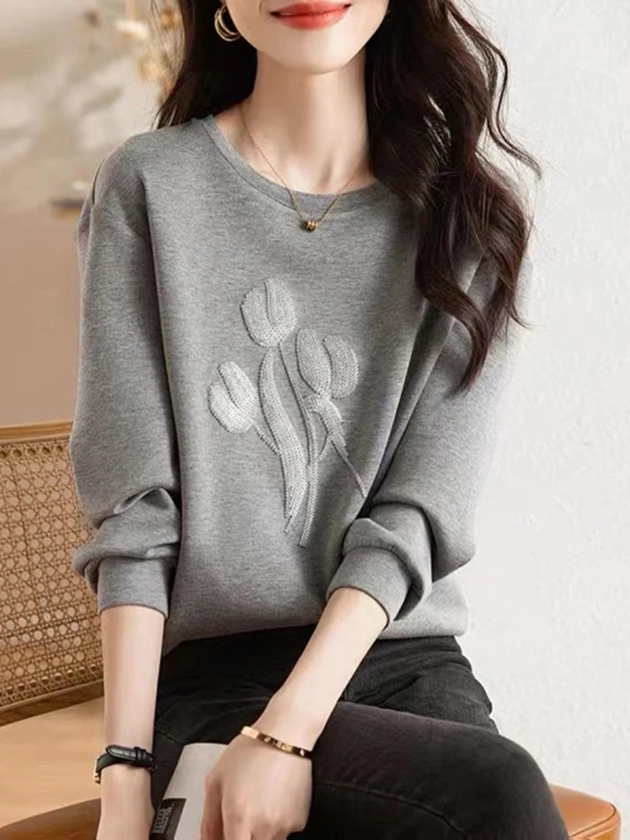 Women's Stereoscopic Flowers Hooded Sweatshirt Casual Round Neck Top Gray Clothes Simple Fashion Autumn - reetell