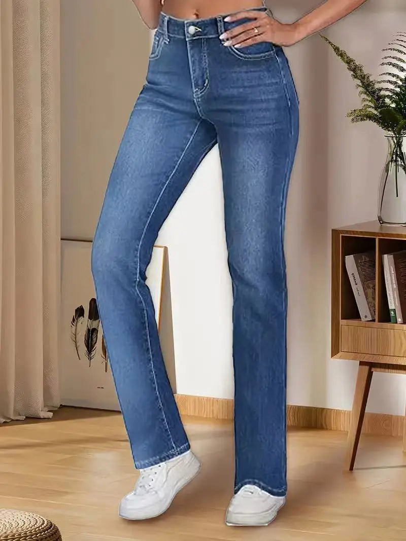 New winter women's jeans, stretch plush warm straight trousers - reetell