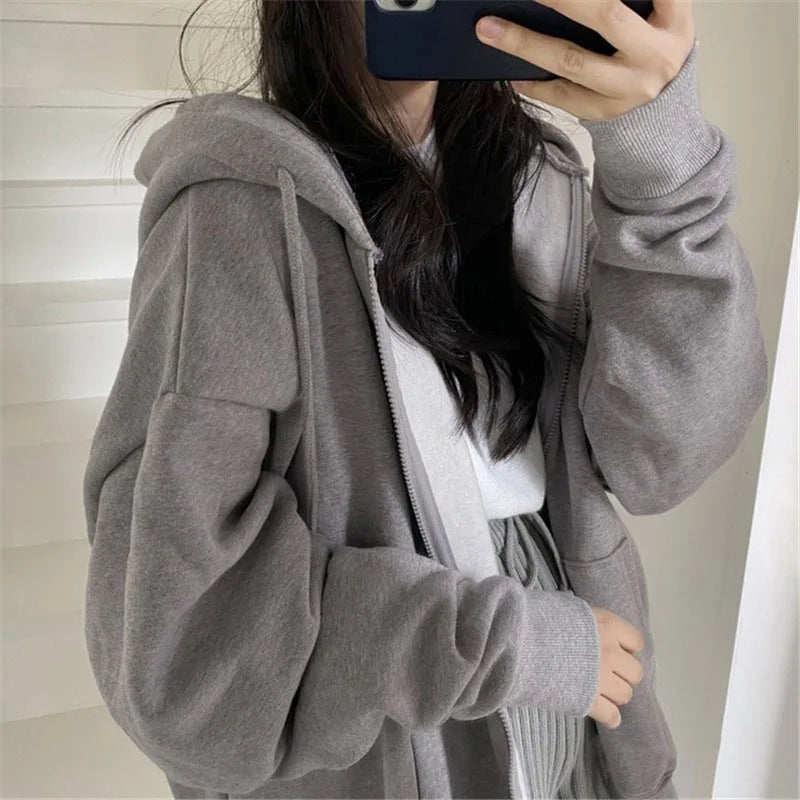 Lucyever Gray Zip Up Hoodie Coat Women Streetwear Harajuku Oversized Hood Jacket Female Autumn Retro Solid Color Sweatshirts - reetell