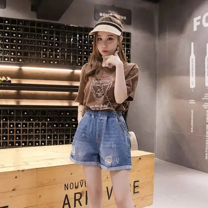 Large Size Broken Hole Cowboy Shorts Women Thin Section Wide Loose Tight High Waist Skinny A Word Wide Leg Fattening Hollowing - reetell