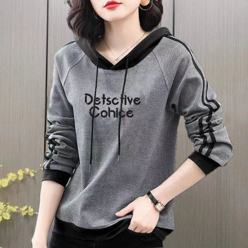 Spring and Autumn Women's Pullover Long Sleeve Hooded Print Stripe Letter Panel Drawstring Graphic Loose Fashion Casual Sweaters - reetell