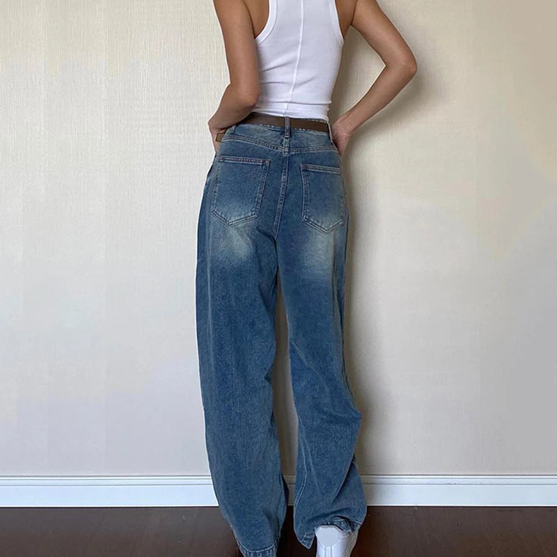 Rimocy 2024 Dark Blue Baggy Jeans Women Grunge Y2K High Waist Wide Leg Denim Trousers Woman Fashion Boyfriend Mom Pants Female - reetell