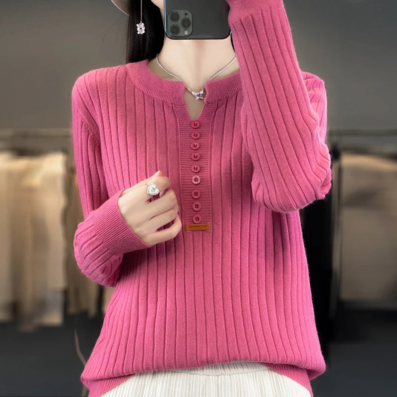 Women's Sweater Autumn/Winter New Solid Color Knitwear V-Neck Pullover Ladies Clothes Fashion Blouse Korean Style Loose Tops - reetell