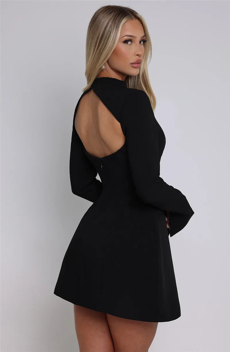 Mozision Long Sleeve Backless Sexy Mini Dress For Women Autumn Winter New O Neck High Waist A-line Club Party Sexy Dress Elegant - reetell