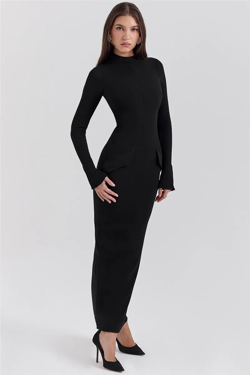 Mozision Black Long Sleeve Sexy Maxi Dress For Women Autumn Winter New O Neck Two Pocket Back Split Bodycon Long Dress Elegant - reetell