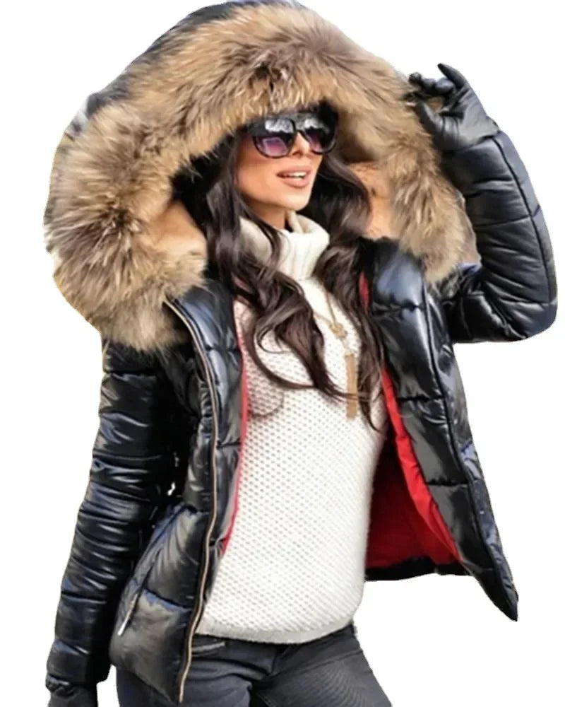 New Hood Solid Color Fur Hooded Jacket Autumn Winter New Women's Cotton-Padded Down Short Parka Coat Jacket Fashion Casual - reetell